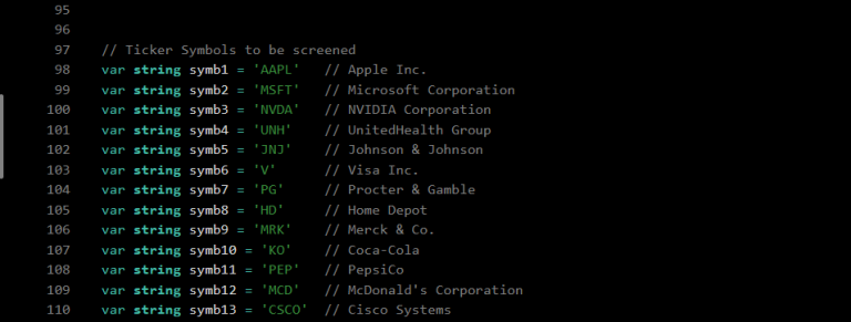 TradingView Custom Screener: Pine Script Code for defining the custom 320-symbol Ticker Watchlist.